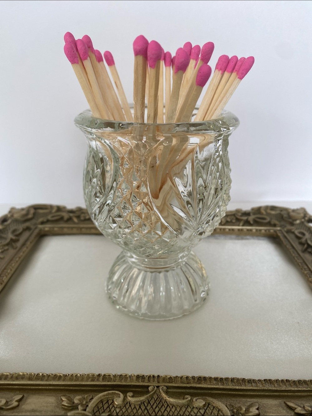 Vintage Glass Match Holder Striker Pink Tip Matches Included Farmhouse Decor